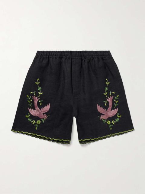 Rosefinch Straight-Leg Embroidered Linen Shorts