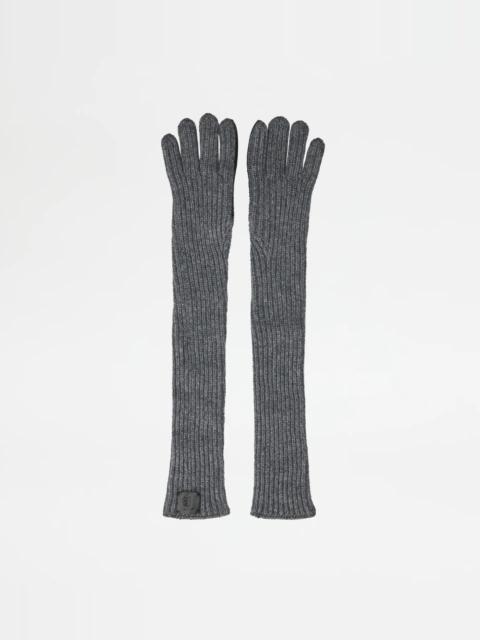 Tod's LONG GLOVES IN CASHMERE AND LEATHER - BLACK, SILVER
