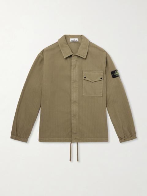 Stone Island Logo-Appliquéd Garment-Dyed Herringbone Cotton Shirt