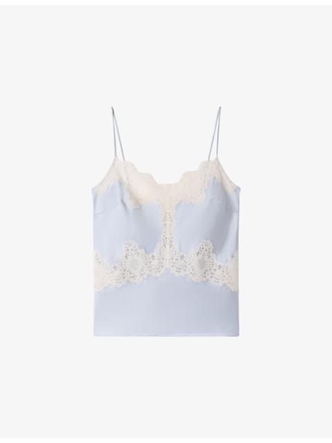 Sandro Sleeveless Lace-Trim Satin Top