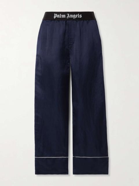 Logo-jacquard piped linen-blend satin pajama pants