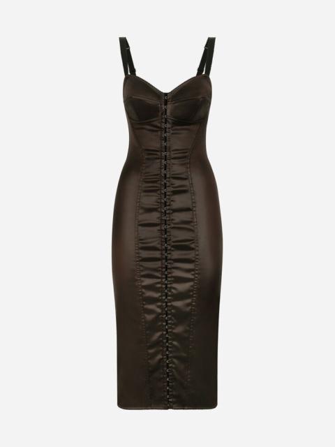 Glossy satin calf-length corset dress