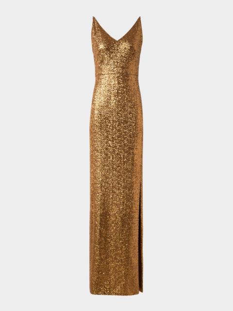AKRIS V-Neck Stretch Paillette Jersey Slit Gown
