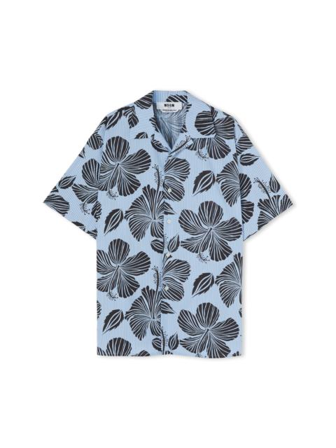 Poplin cotton striped shirt with "Hibiscus" print