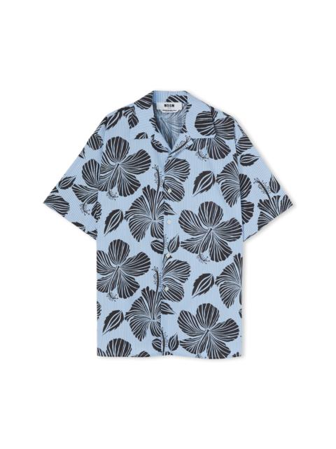 MSGM Poplin cotton striped shirt with "Hibiscus" print