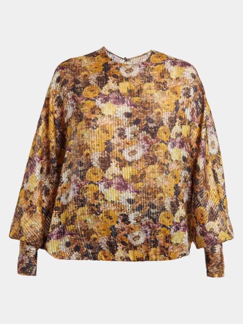 Valentino Metallic Floral Silk Long-Sleeve Balloon Top