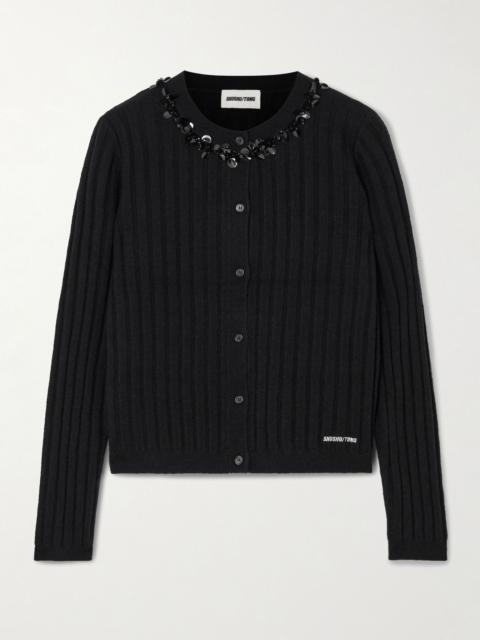 SHUSHU/TONG Embellished embroidered ribbed wool-blend cardigan Black