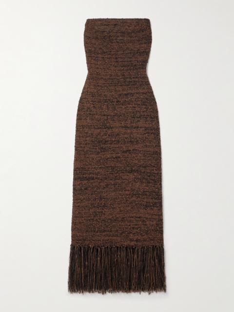 FRAME Strapless Fringed Bouclé Midi Dress