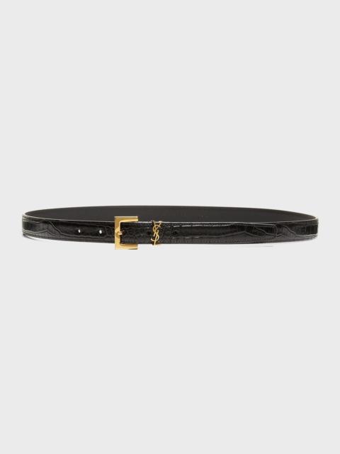 YSL Croc-Embossed Skinny Belt