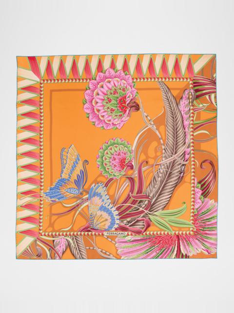 FERRAGAMO Giadafly Arancio Print Silk Foulard Scarf