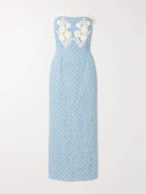 RODARTE Appliquéd Sequin-embellished Lace-trimmed Denim Midi Dress