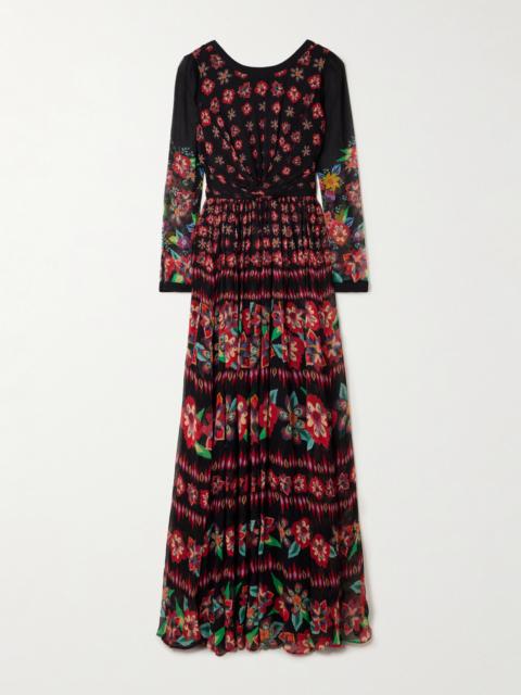 SALONI Blythe-b Knotted Floral-print Crinkled Silk-blend Chiffon Gown