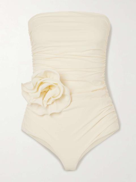 MAGDA BUTRYM Strapless appliquéd ruched swimsuit Cream
