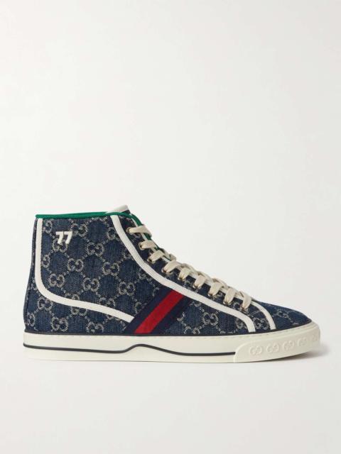 GUCCI Tennis 1977 Webbing-Trimmed Monogrammed Denim High-Top Sneakers