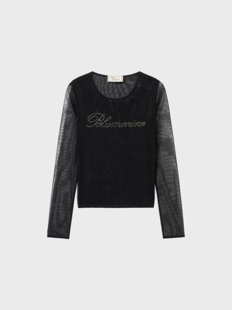 Blumarine STRETCH TULLE TOP WITH BLUMARINE LOGO IN RHINESTONES