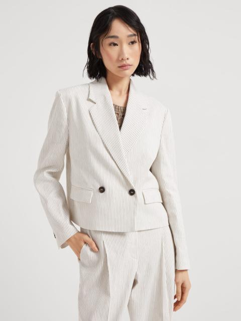 Brunello Cucinelli Comfort linen and cotton chalk stripe twill cropped blazer with monili