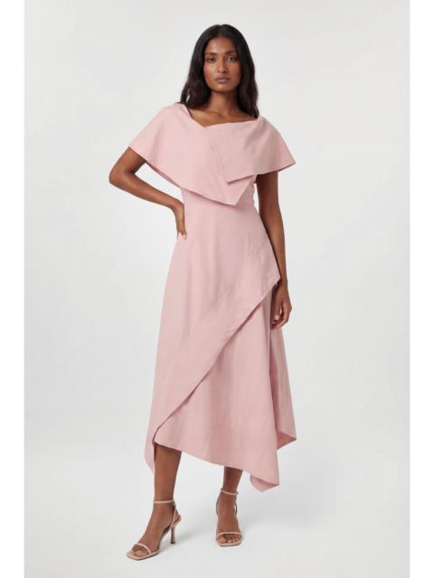 KAREN MILLEN Premium Viscose Linen Tailored Asymmetric Neck Full Skirted Midi Dress