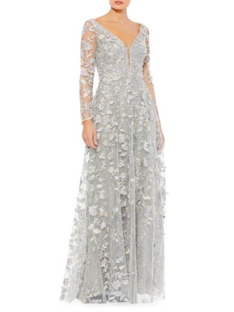 MAC DUGGAL Women's 3D Floral-Embellished Lace Gown - Platinum