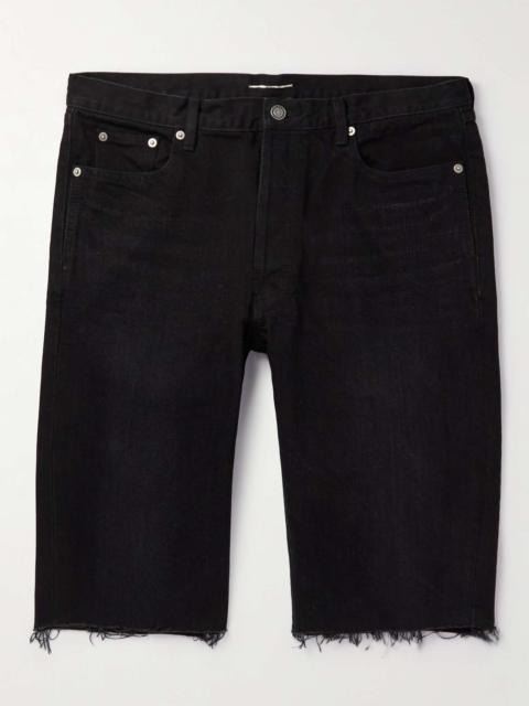 Straight-Leg Distressed Leather-Trimmed Denim Shorts