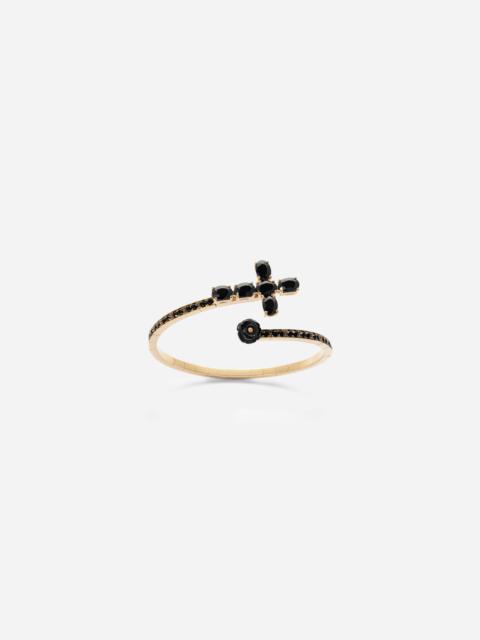 Family yellow gold bracelet with cross, black sapphire and jade