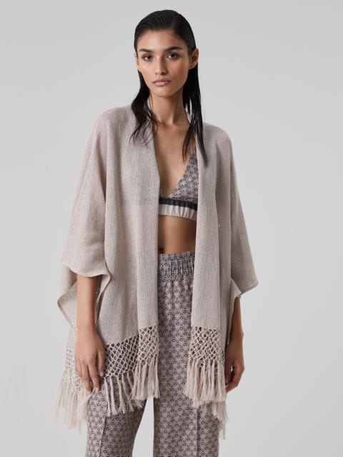 Brunello Cucinelli Linen and silk diamond yarn poncho cardigan with macramè fringe