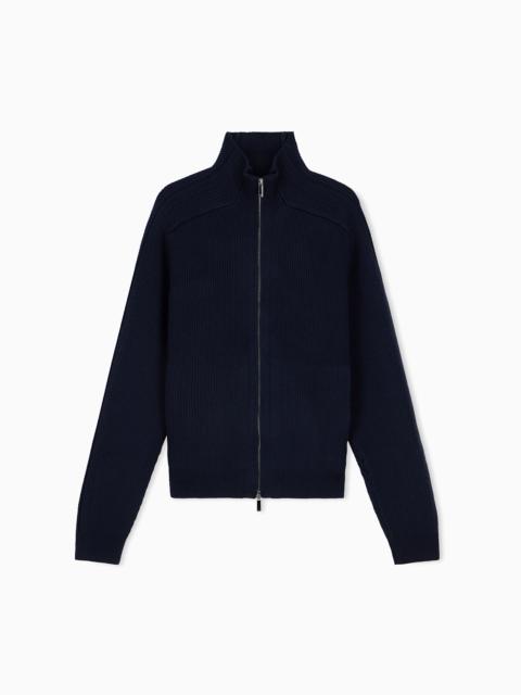 EMPORIO ARMANI SIGNATURE CAPSULE COLLECTION FULL-ZIP CARDIGAN IN VIRGIN WOOL PANNOCCHIA STITCH