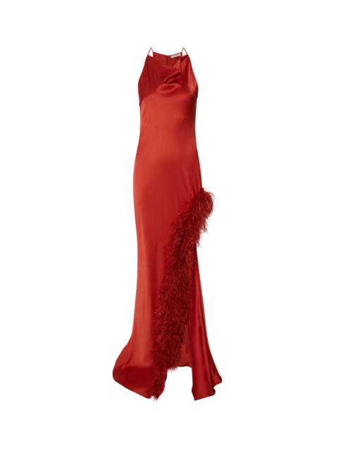 Satin Halter Gown With Feathers