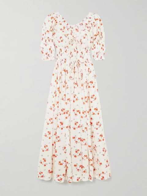 DÔEN Ischia Shirred Floral-print Organic Cotton-blend Voile Midi Dress