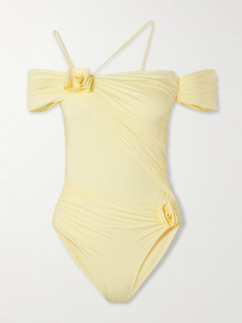 MAYGEL CORONEL Fiorella Off-the-shoulder Appliquéd Ruched Swimsuit