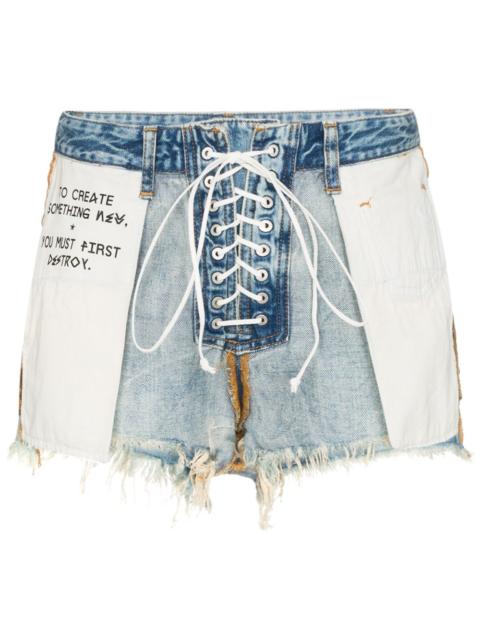 Unravel distressed reverse lace up denim shorts