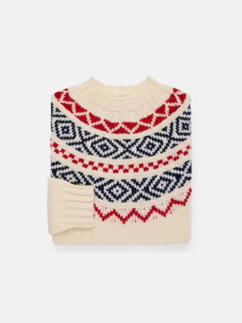 J. PRESS MADE-IN-SCOTLAND WHITE, NAVY & RED HEAVY YOKE FAIR ISLE CREW NECK SWEATER
