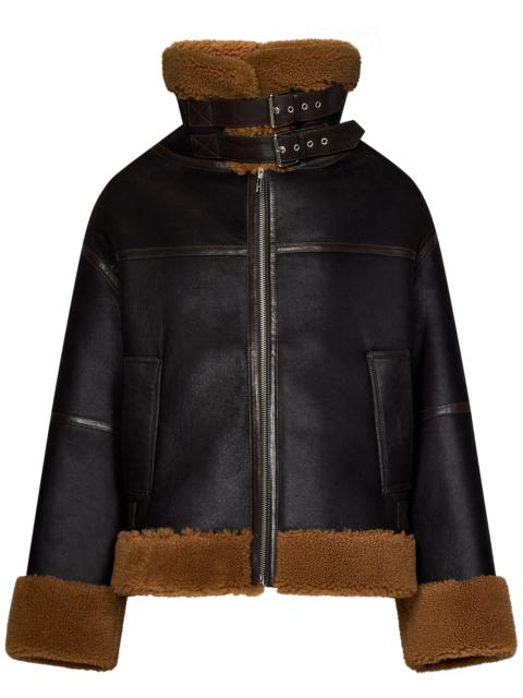 Martine Rose Dark brown leather jacket with brown shearling hem, collar and cuffs.