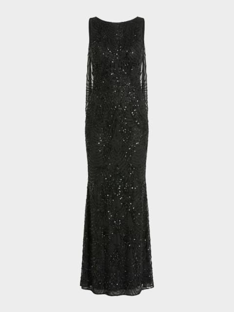 MAC DUGGAL Beaded Cowlback Mesh Column Gown