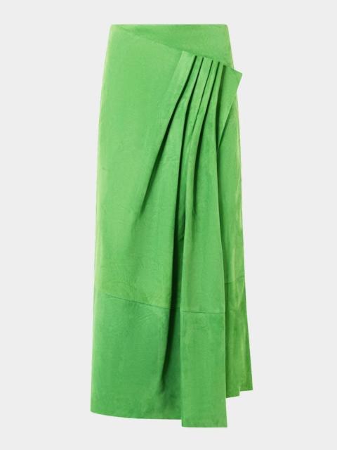 AKRIS Pleat Gathered Suede Midi Skirt