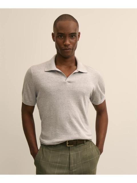 Brooks Brothers Linen-Cotton-Cashmere Short-Sleeve Mouliné Johnny Collar Sweater