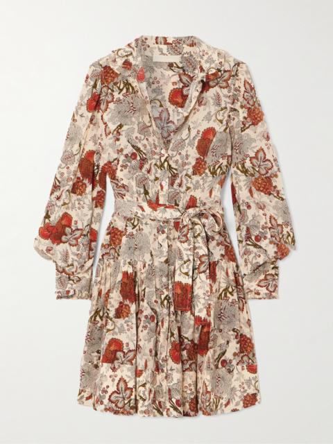 ULLA JOHNSON Simona Belted Ruffled Floral-print Silk Crepe De Chine Mini Dress