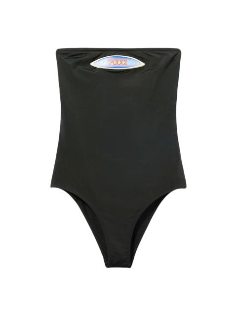 logo-patch strapless swimsuit