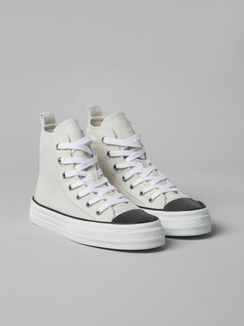 Cotton and linen canvas high top sneakers with precious toe