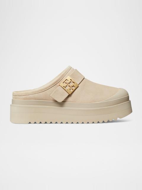 TORY BURCH Mellow Suede Shearling Buckle Platform Loafer Mules