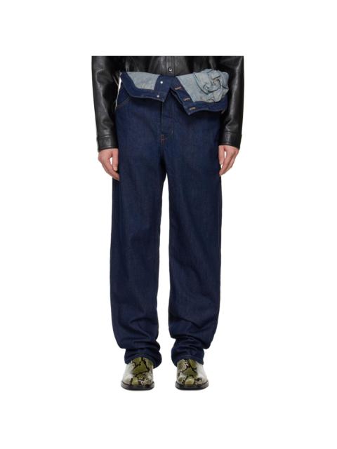 JUNTAE KIM Indigo Asymmetric Flower Jeans