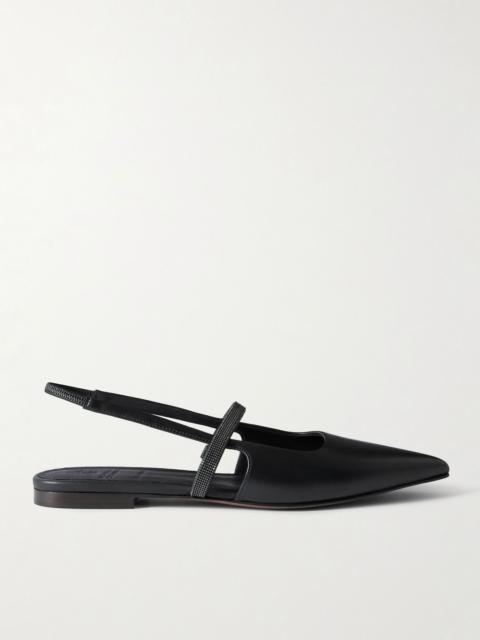 Brunello Cucinelli Embellished cutout leather slingback ballet flats Black