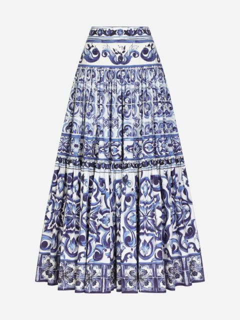 Long majolica-print poplin skirt