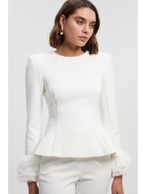 KAREN MILLEN Scuba Drama Tulle Detail Cuff Woven Peplum Top