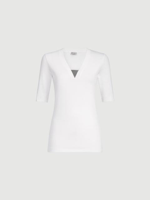 Brunello Cucinelli Stretch cotton ribbed jersey top with precious insert