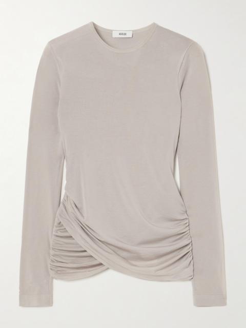 AGOLDE Eve Twist Ruched Draped Stretch-lyocell Jersey Top