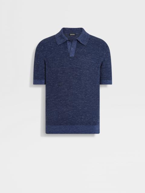 ZEGNA INK BLUE MÉLANGE SILK CASHMERE AND LINEN POLO SHIRT
