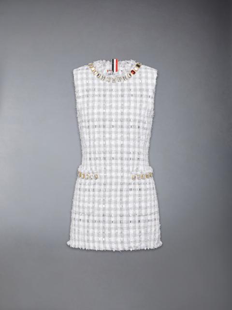 Thom Browne GINGHAM SATIN RIBBON TWEED MINI PENCIL DRESS WITH SWAROVSKI CRYSTAL