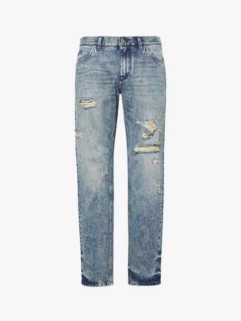 Distressed slim-leg mid-rise jeans