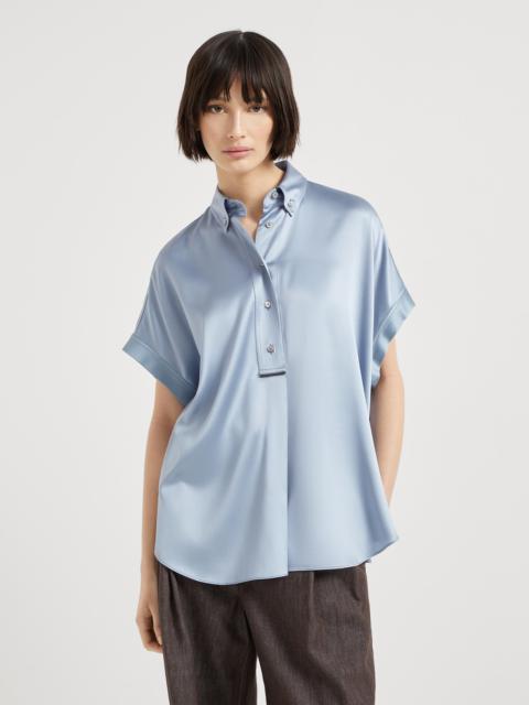 Stretch silk satin short sleeve shirt with monili