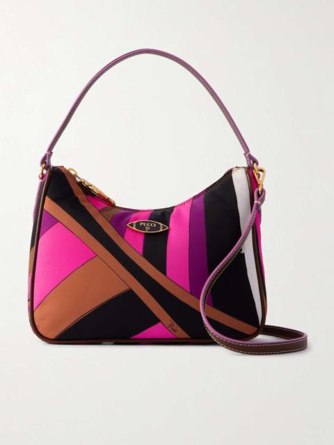 Leather-trimmed printed padded shell shoulder bag